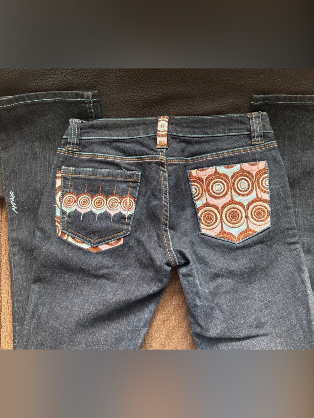 COOGI Dark Blue Denim Bootcut Jeans with Brown Patterned Pocket Trim - Picture 5 of 8